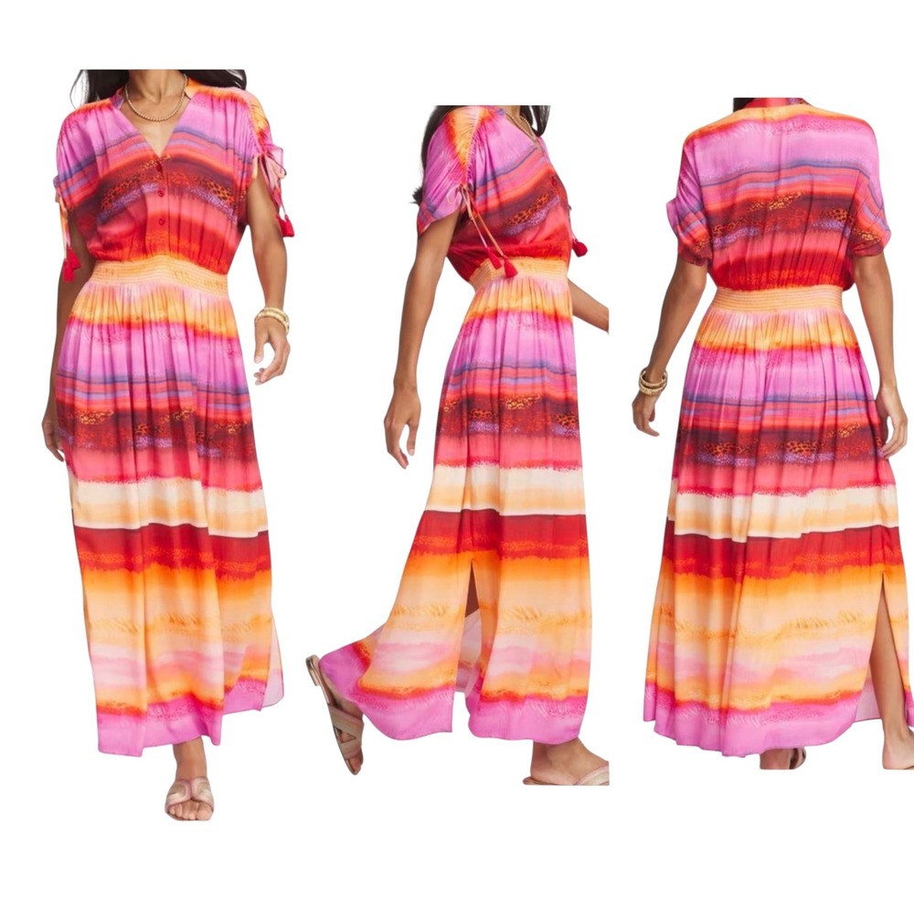 Chico's Maxi Dress Womens US 6 Pink Orange Sunset Boho Striped Tassel Resort